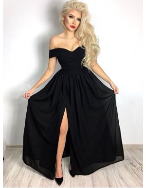 A-Line Off-the-Shoulder Black Slit Legs Chiffon Prom Dress 