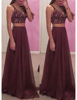 Two Piece V-Neck Sexy Burgundy Chiffon Prom Dress with Appliques