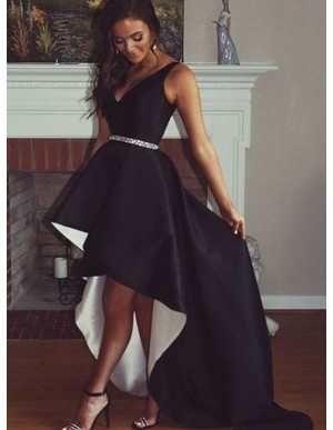 A-line V-Neck High Low Black Satin Prom Dress with Beading