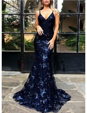 Mermaid Sexy Backless Dark Blue Lace Prom dress with Sequin