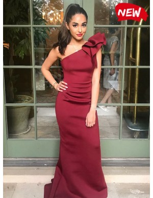 One Shoulder Burgundy Elegant Mermaid  Prom Dress with Ruffles