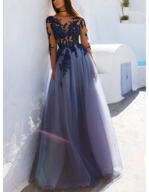 A-Line Long Sleeves Open Back Blue Prom Dress with Appliques