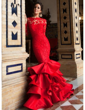 Mermaid Long Sleeves Backless Lace Prom Dress Tiered Red Evening Dress