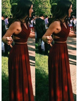 V-Neck Burgundy Party Dress Criss-Cross Straps Chiffon Two Piece Prom Dress