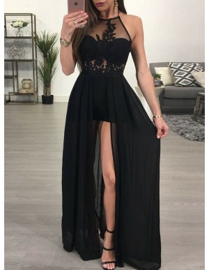 A-Line Halter Slit Leg Sexy Black Prom Dress with Lace