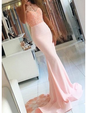 Mermaid High Neck Sweep Train Beaded Pearl Pink Prom Dress with Lace