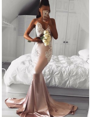 Mermaid Spaghetti Straps Pearl Pink Prom Dress with Appliques