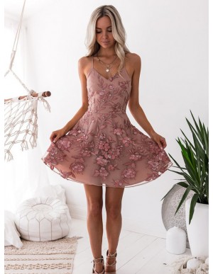 A-Line Spaghetti Straps Short Blush Homecoming Dress with Embroidery