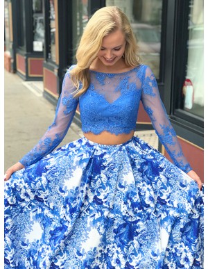 Two Piece Bateau Long Sleeves Blue Printed Prom Dress with Lace Beading