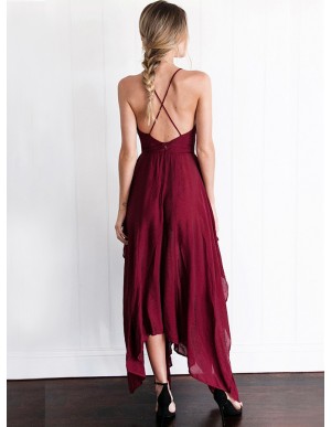 A-Line Spaghetti Straps Sexy Asymmetrical Burgundy Prom Dress