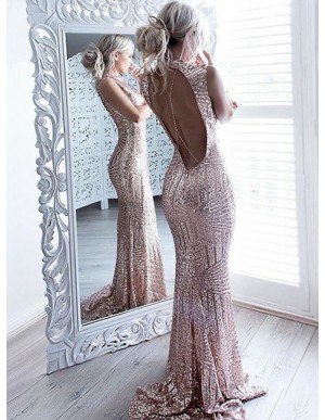 Mermaid Jewel Open Back Sweep Train Rose Gold Sequined Prom Dress
