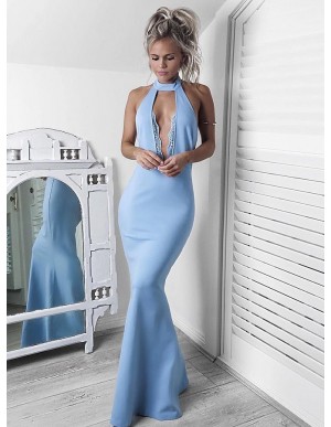 Mermaid Halter Backless Floor-Length Blue Prom Dress with Keyhole