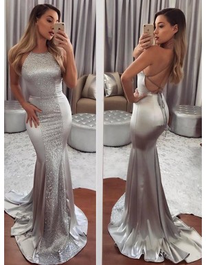 Mermaid Round Neck Sweep Train Backless Silver Prom Dress with Sequins