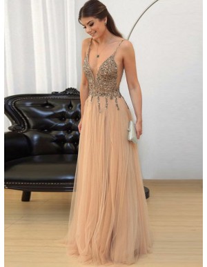 A-Line Spaghetti Straps Backless Champagne Long Prom Dress with Beading Sequins