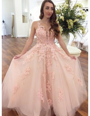 A-Line V-Neck Floor-Length Pink Prom Dress with Appliques