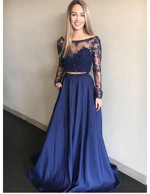 Two Piece Bateau Long Sleeves Dark Blue Prom Dress with Beading Pockets