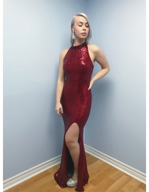 Mermaid Jewel Floor-Length Dark Red Sequined Prom Dress with Split