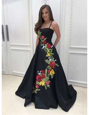 A-Line Spaghetti Straps Black Prom Dress with Applieues Pockets