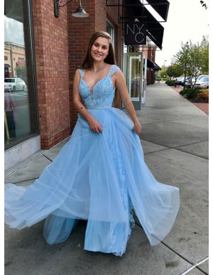 A-Line Straps Floor-Length Light Blue Prom Dress with Lace Beading