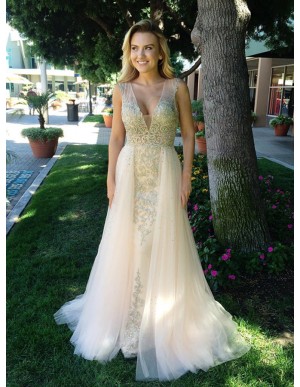 Mermaid V-Neck Sweep Train  Light Champagne Prom Dress with Beading