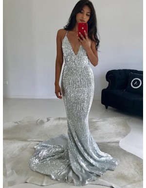 Mermaid Deep V-Neck Backless Sweep Train Silver Sequined Prom Dress