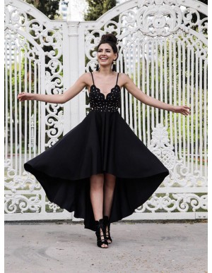 A-Line Spaghetti Straps High Low Black Prom Dress with Beading