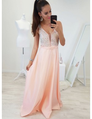 A-Line V-Neck Floor-Length Pearl Pink Prom Dress with Beading