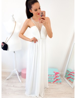 A-Line Crew Floor-Length White Chiffon Prom Dress with Pearls