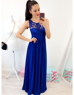 A-Line Round Neck Floor-Length Royal Blue Prom Dress with Lace Pleats