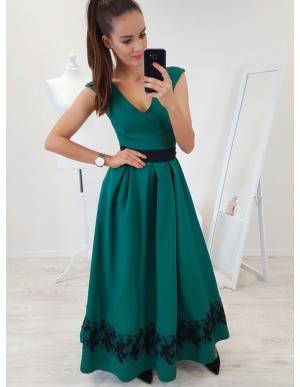 A-Line V-Neck Cap Sleeves Floor-Length Dark Green Prom Dress with Lace Pleats