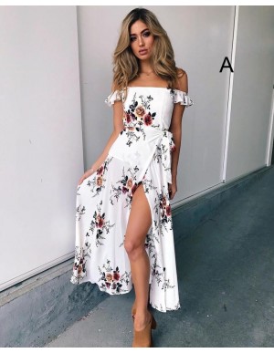 A-Line Off-the-Shoulder Short Sleeves Printed White Prom Dress with Split