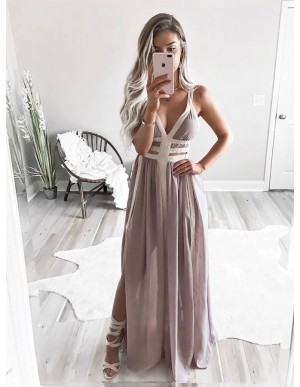 A-Line Straps Floor-Length Grey Chiffon Pleated Prom Dress with Split