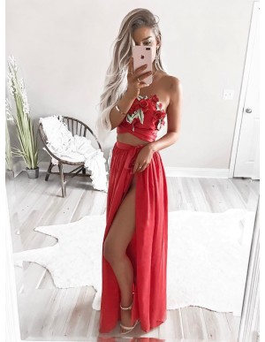 Two Piece Strapless Floor-Length Red Chiffon Prom Dress with Appliques