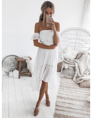 A-Line Off-the-Shoulder Short Sleeves High Low White Chiffon Prom Dress with Pleats