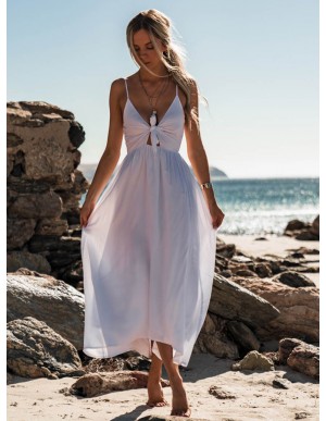 A-Line Spaghetti Straps Ankle-Length White Chiffon Prom Dress with Keyhole