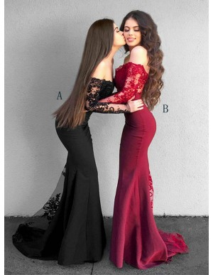 Mermaid Off-the-Shoulder Long Sleeves Black Prom Dress with Lace