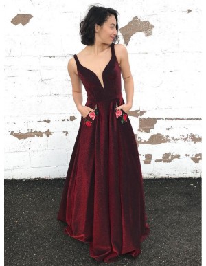 A-Line V-Neck Velvet Long Burgundy Prom Dress with Pockets Appliques