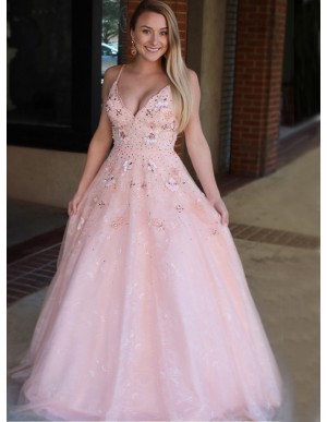 A-Line Spaghetti Straps Sweep Train Pink Prom Dress with Appliques Beading