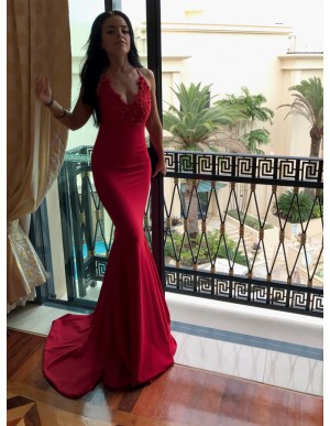 Mermaid Spaghetti Straps Sweep Train Red Prom Dress with Appliques Beading