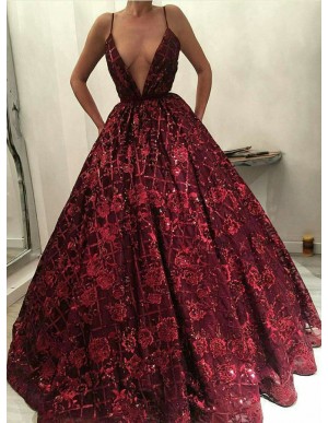 Ball Gown Deep V-Neck Floor-Length Dark Red Lace Prom Dress with Beading