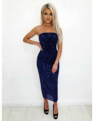 Mermaid Strapless Ankle-Length Navy Blue Sequined Cocktail Dress