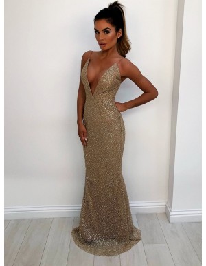 Spaghetti Straps Backless Champagne Prom Dress Sequin Mermaid Party Dress