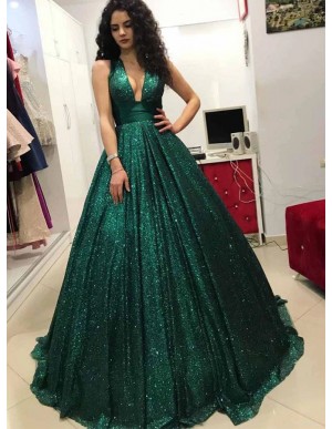 Ball Gown V-Neck Backless Long Dark Green Sequin Prom Dress