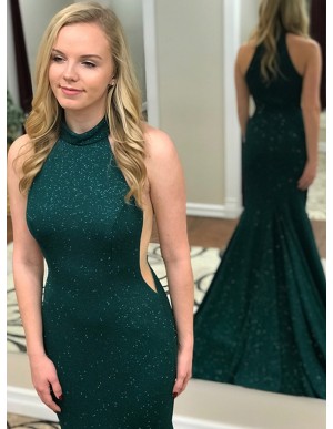 Mermaid High Neck Sweep Train Dark Green Prom Dress with Sequins