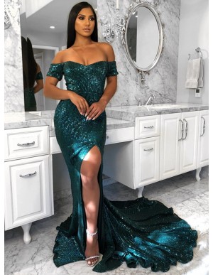 Mermaid Off-the-Shoulder Sweep Train Dark Green Prom Dress with Split