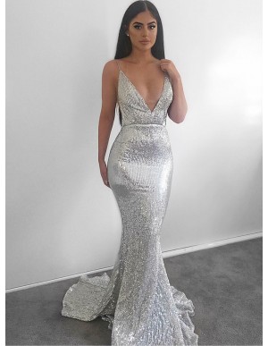 Mermaid Deep V-Neck Backless Sweep Train Silver Sequined Prom Dress