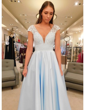 A-Line V-Neck Cap Sleeves Floor-Length Light Blue Prom Dress with Lace