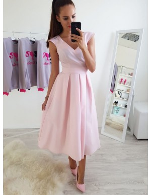 A-Line V-Neck Cap Sleeves Ankle-Length Pink Prom Dress with Pleats