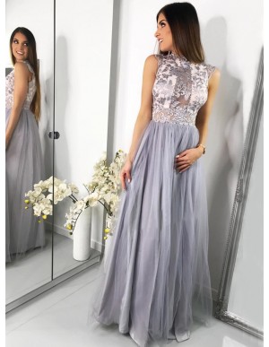 A-Line Jewel Cap Sleeves Floor-Length Grey Prom Dress with Appliques