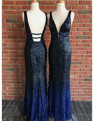 Mermaid Deep V-Neck Backless Floor-Length Dark Blue Sequined Prom Dress